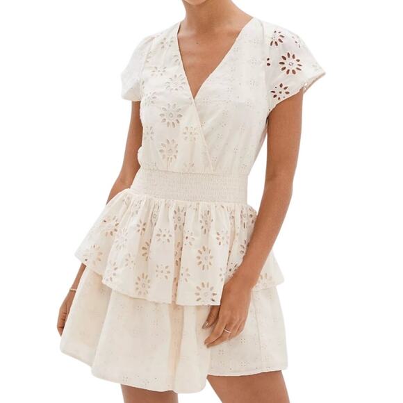 American Eagle Tiered Ruffle Smocked Eyelet Garden Party Wrap Dress in Oatmeal - Picture 1 of 13